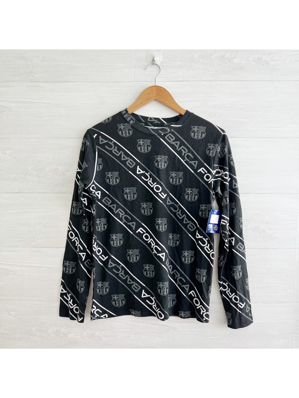 NWT FC Barcelona Boys L Long Sleeve Shirt Black Gray Barca Soccer Logo Tee